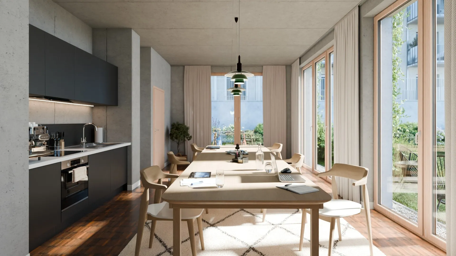 Kitchen and dining interior rendering, Oderstrasse, Berlin