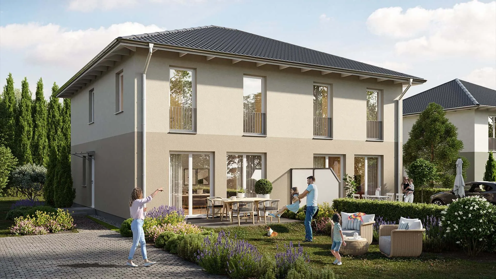 Einfamilienhaus mit Garten, 3D-Rendering