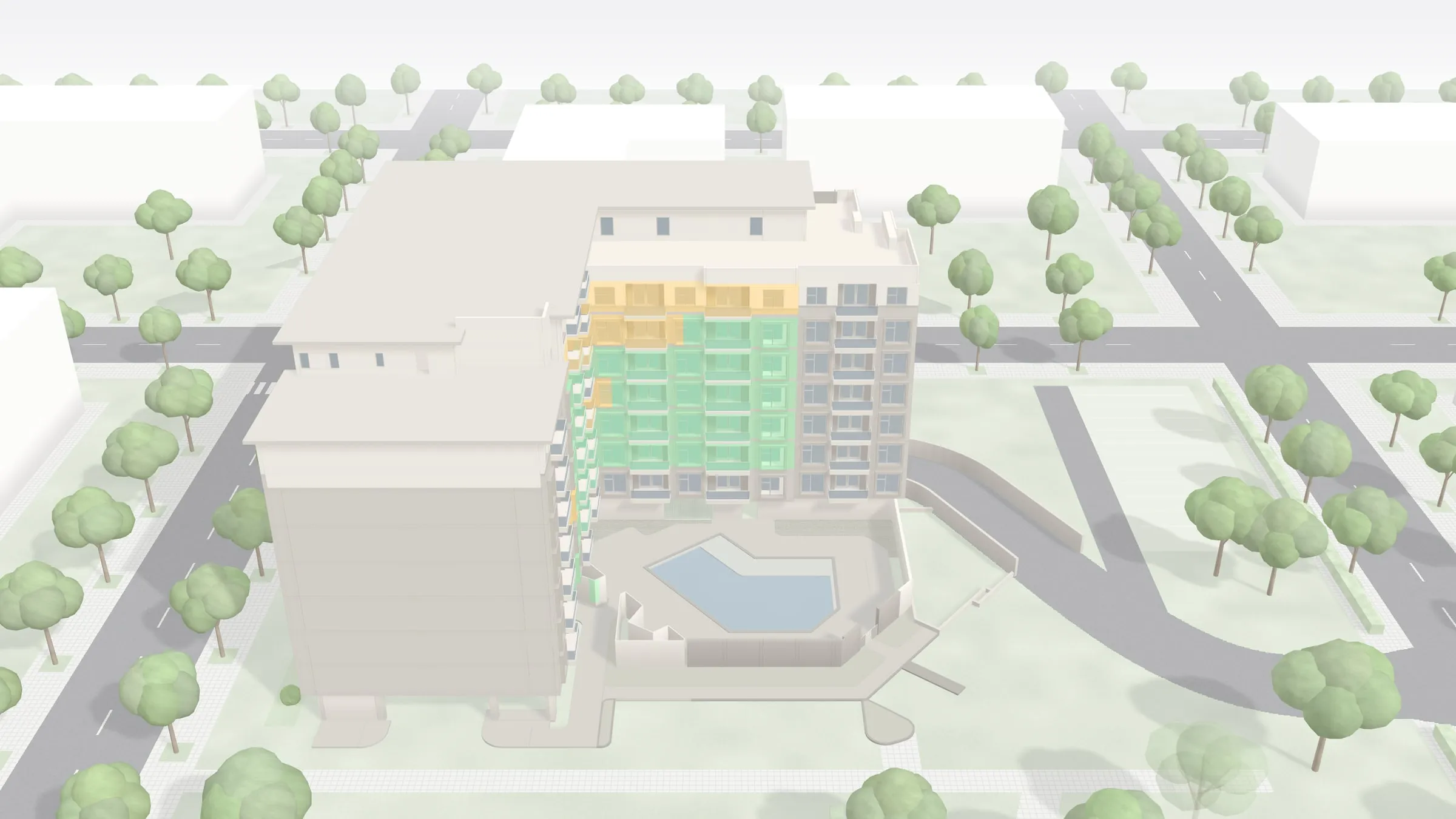 Aktuelle Silk-Residences-Demo mit Straßen, Bäumen und freien oder reservierten Wohnungen im 3D-Gebäude