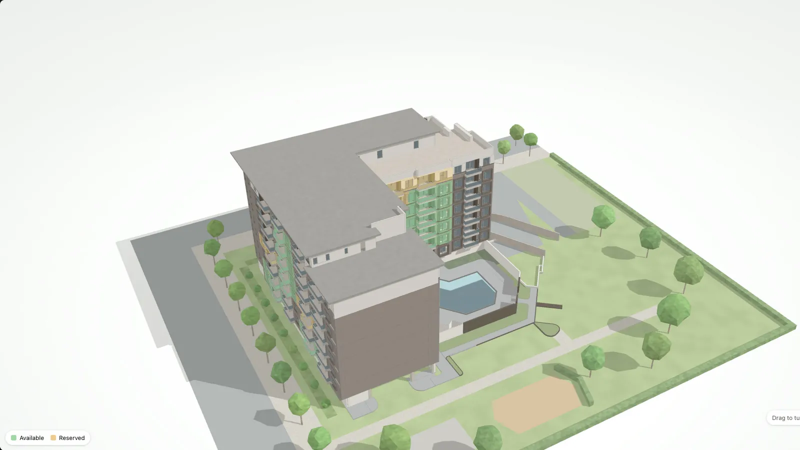 3D-Gebäudemodell im Flatfinder mit freien und reservierten Wohnungen