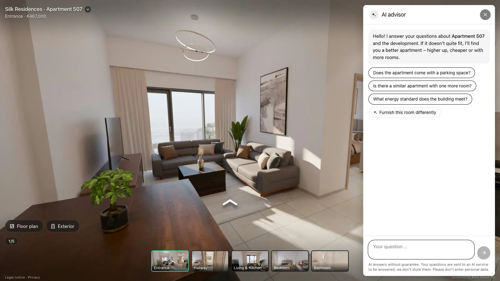 360°-Rundgang einer Wohnung mit geöffneter KI-Beratung