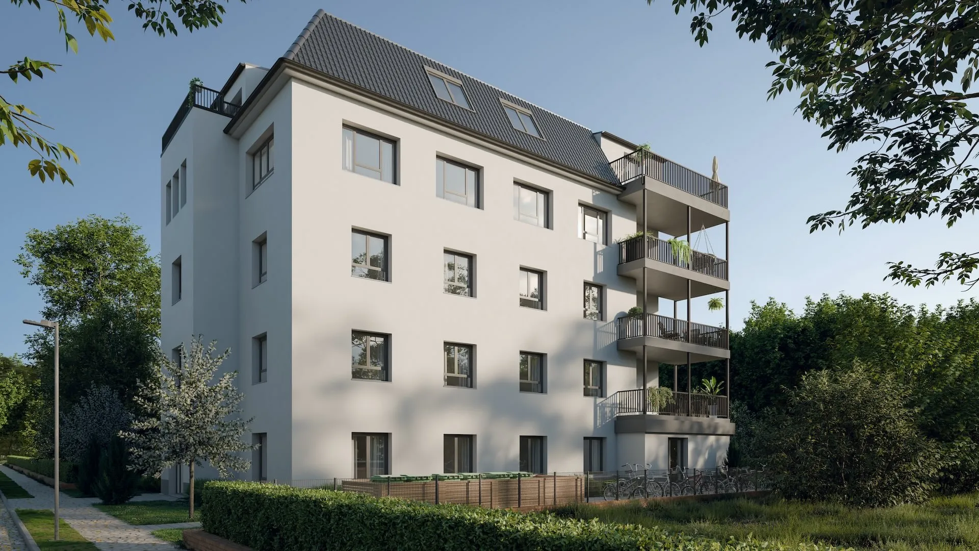 Mehrfamilienhaus Körnerstraße, Seitenansicht mit Balkonen