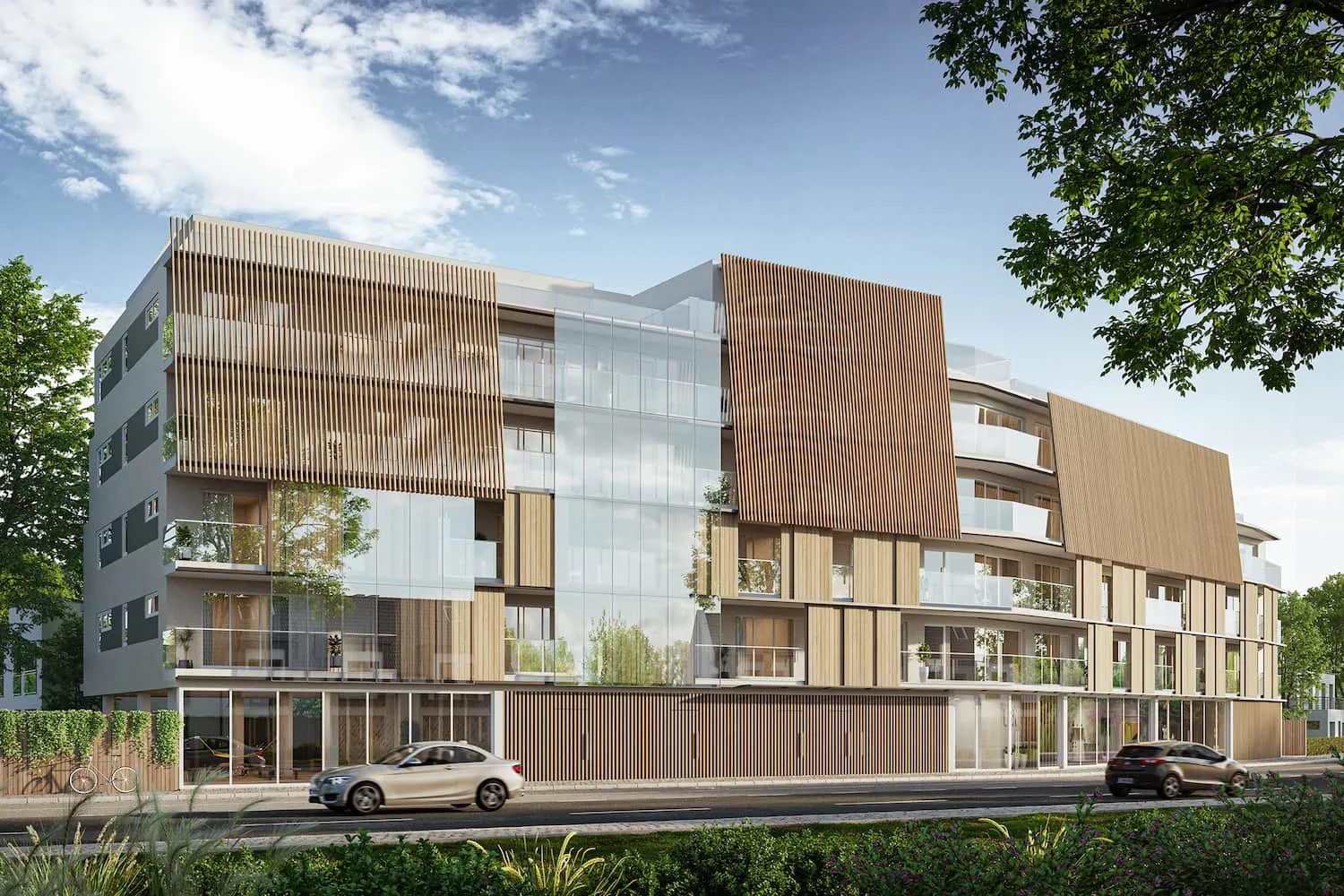 Wohn- und Geschäftshaus mit Holzfassade, Architekturvisualisierung