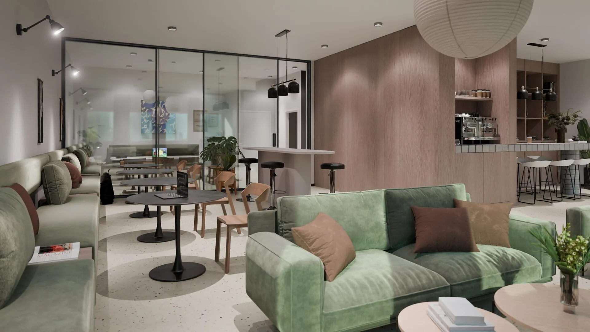 Interior visualization of a lobby with reception area
