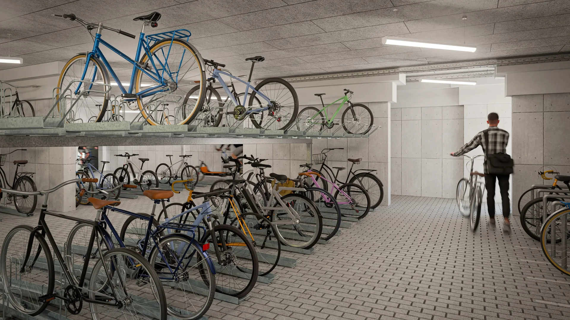 Fahrradkeller mit Doppelstockparkern, Wohnquartier Oderstraße Berlin