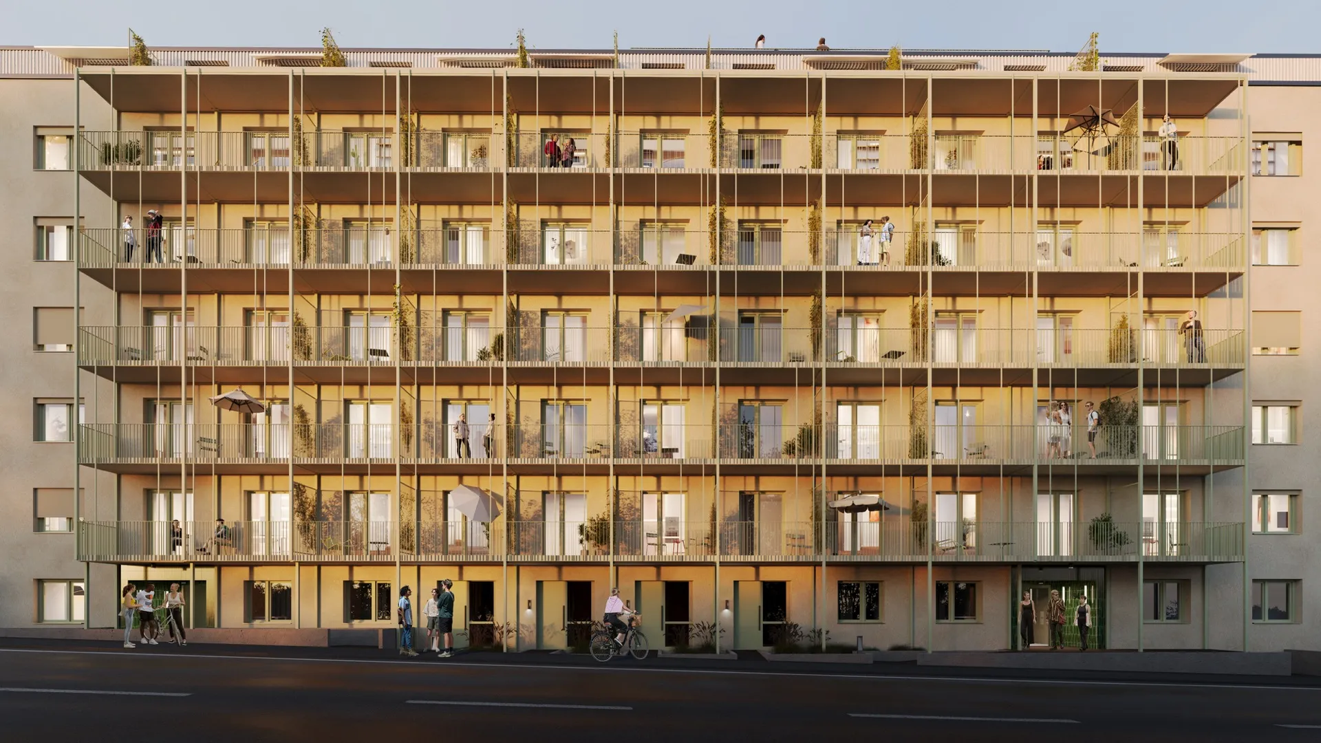 Laubengangfassade mit Balkonen, Wohnquartier Oderstraße Berlin