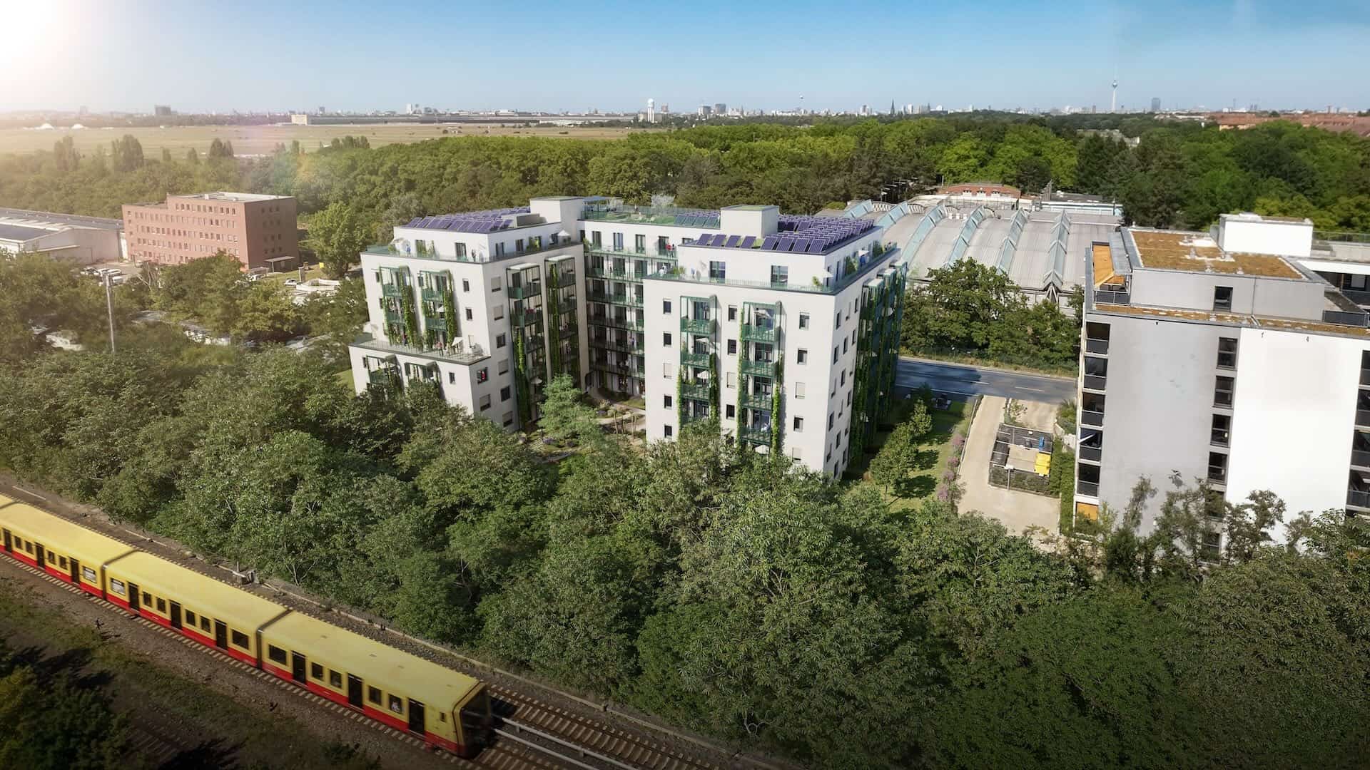 Luftaufnahme einer Architekturvisualisierung für ein Immobilienprojekt – Blue Moon Virtual